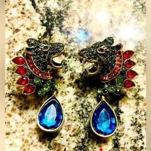 Exquisite Heidi Daus Panther Earrings with Blue and Green red Accents